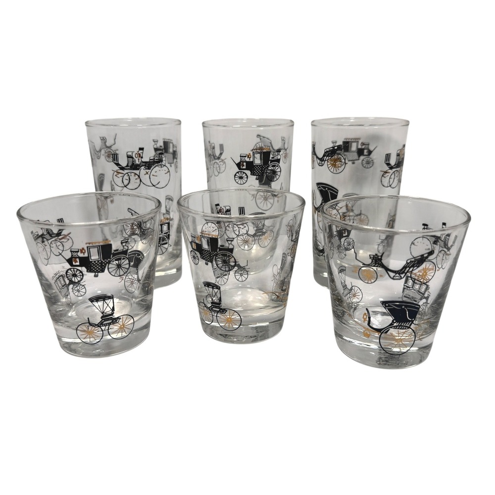 Vintage Mid Century Horse and Carriage Glass Barware Set of 6 Black Gold MCM